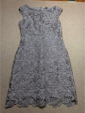 Lauren Ralph Lauren Evening Metallic Silver Lace Sheath Dress Cocktail 8